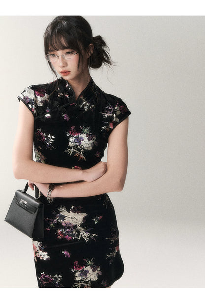 Gilded Velvet Floral Cheongsam Dress