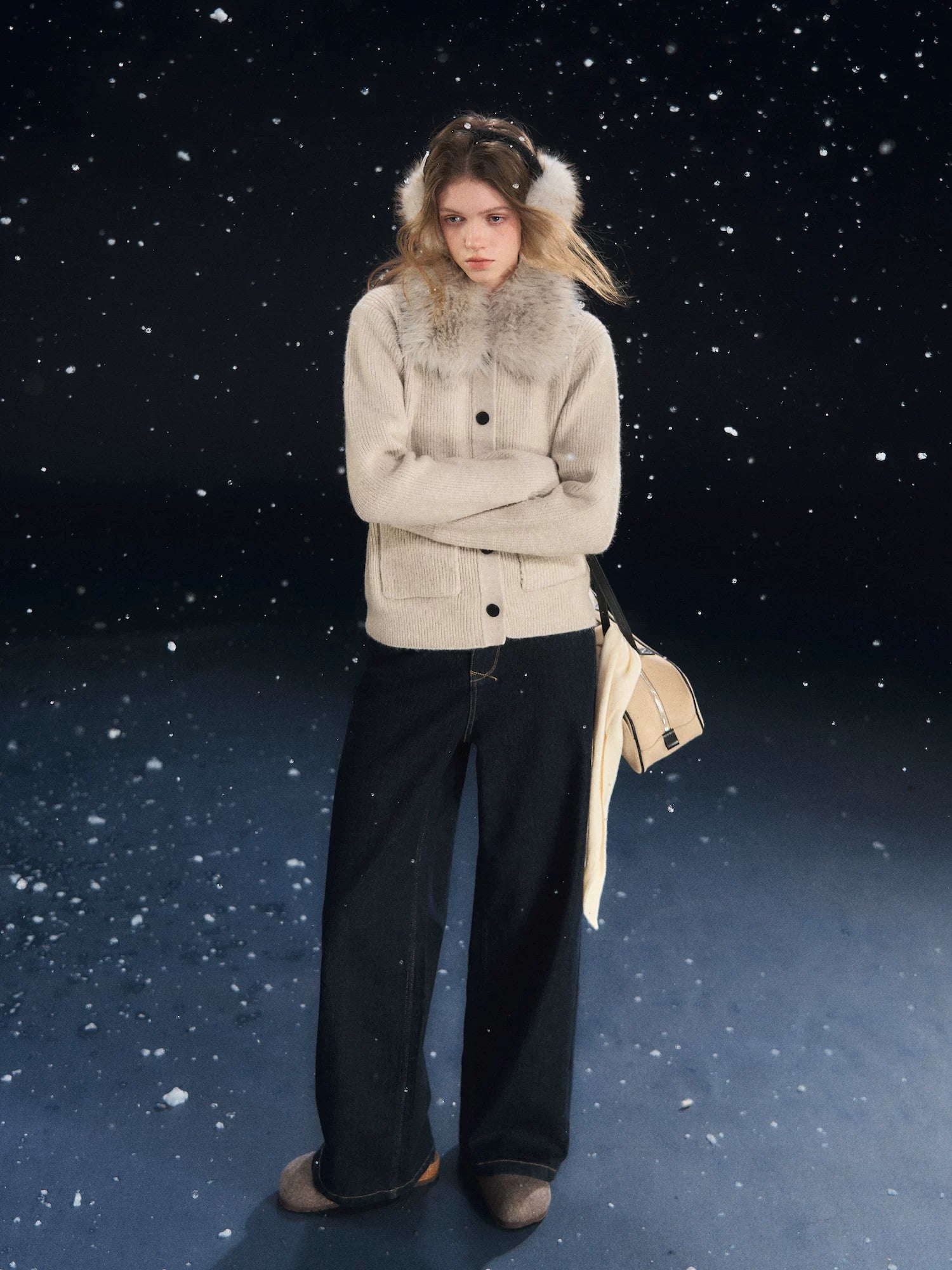 Detachable Fur Collar Ribbed Cardigan