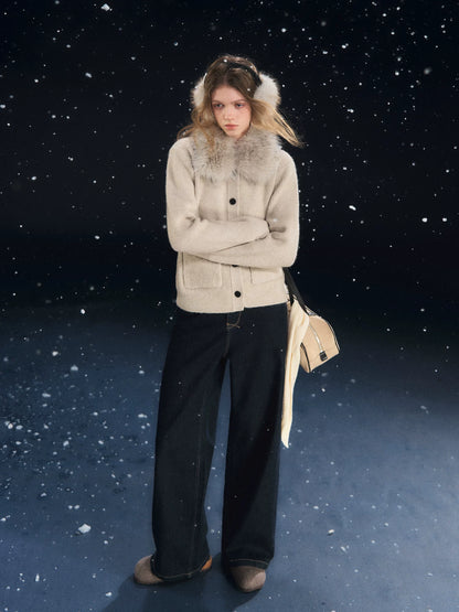 Detachable Fur Collar Ribbed Cardigan