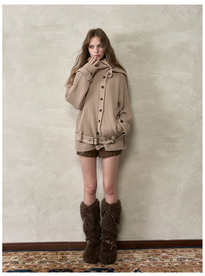 Oversized Turtleneck Cardigan with Attached Scarf