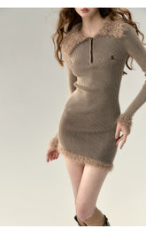 Khaki Collar Knit Mini Dress - CHINASQUAD