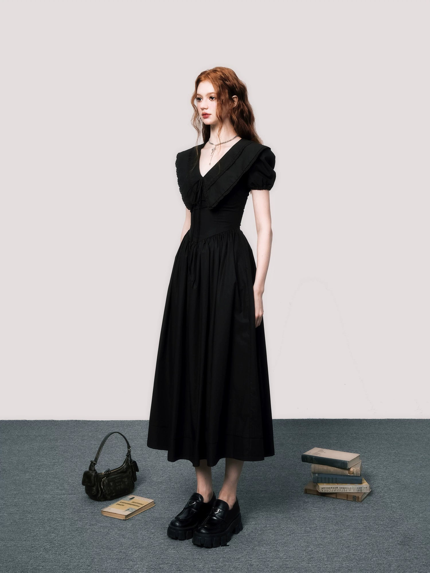 Puff-Sleeve Waist-Defined Maxi Dress