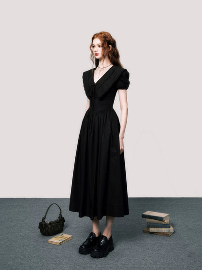 Puff-Sleeve Waist-Defined Maxi Dress