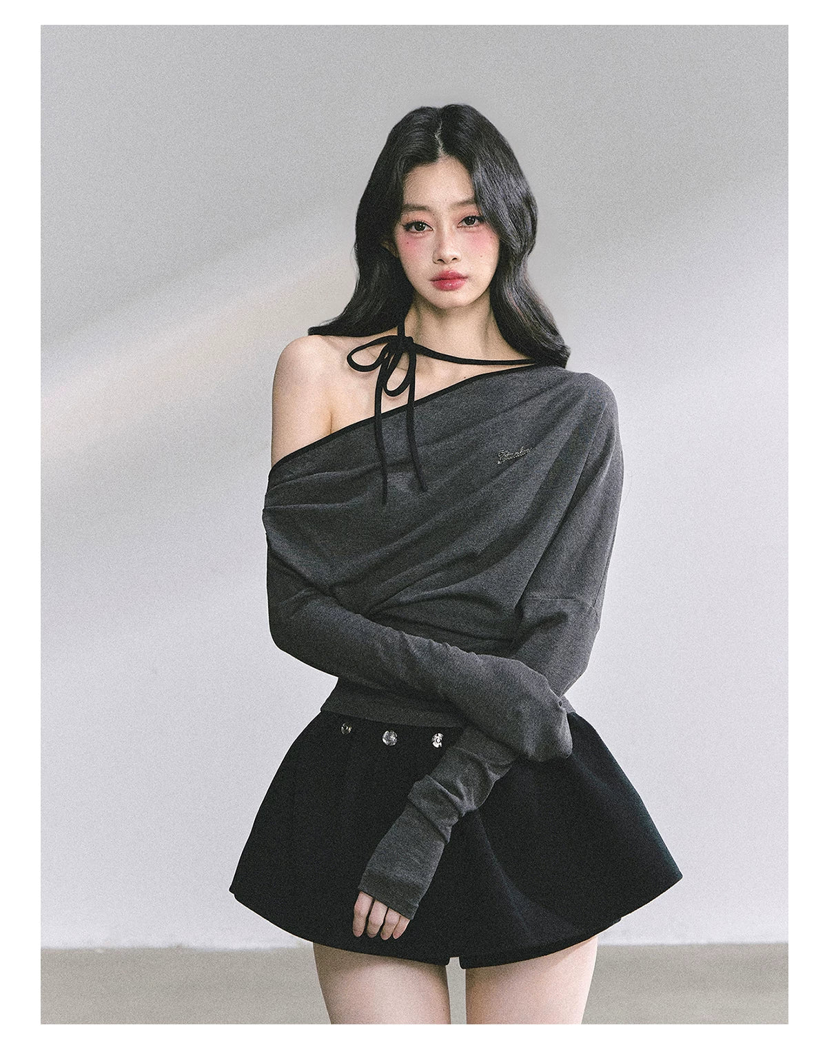 Off-Shoulder Halter Long-Sleeve T-Shirt