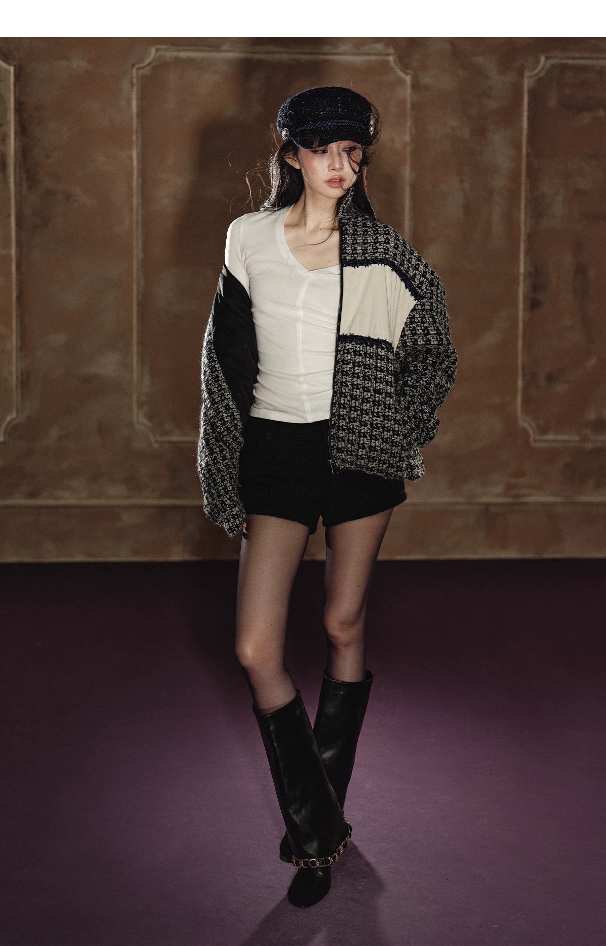 Wool-Blend Colorblock Stand Collar Padded Jacket