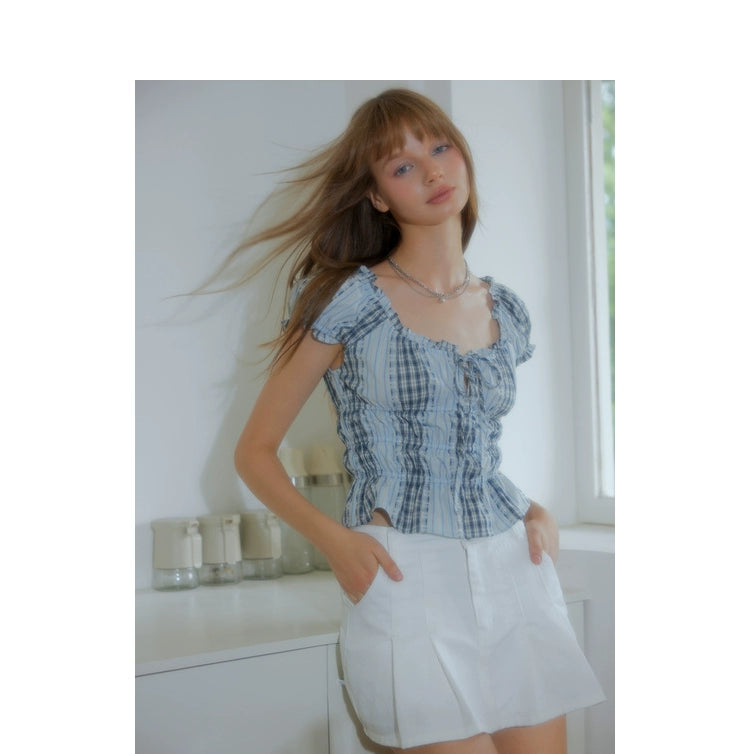 Blue Gingham Bubble Sleeve T-shirt