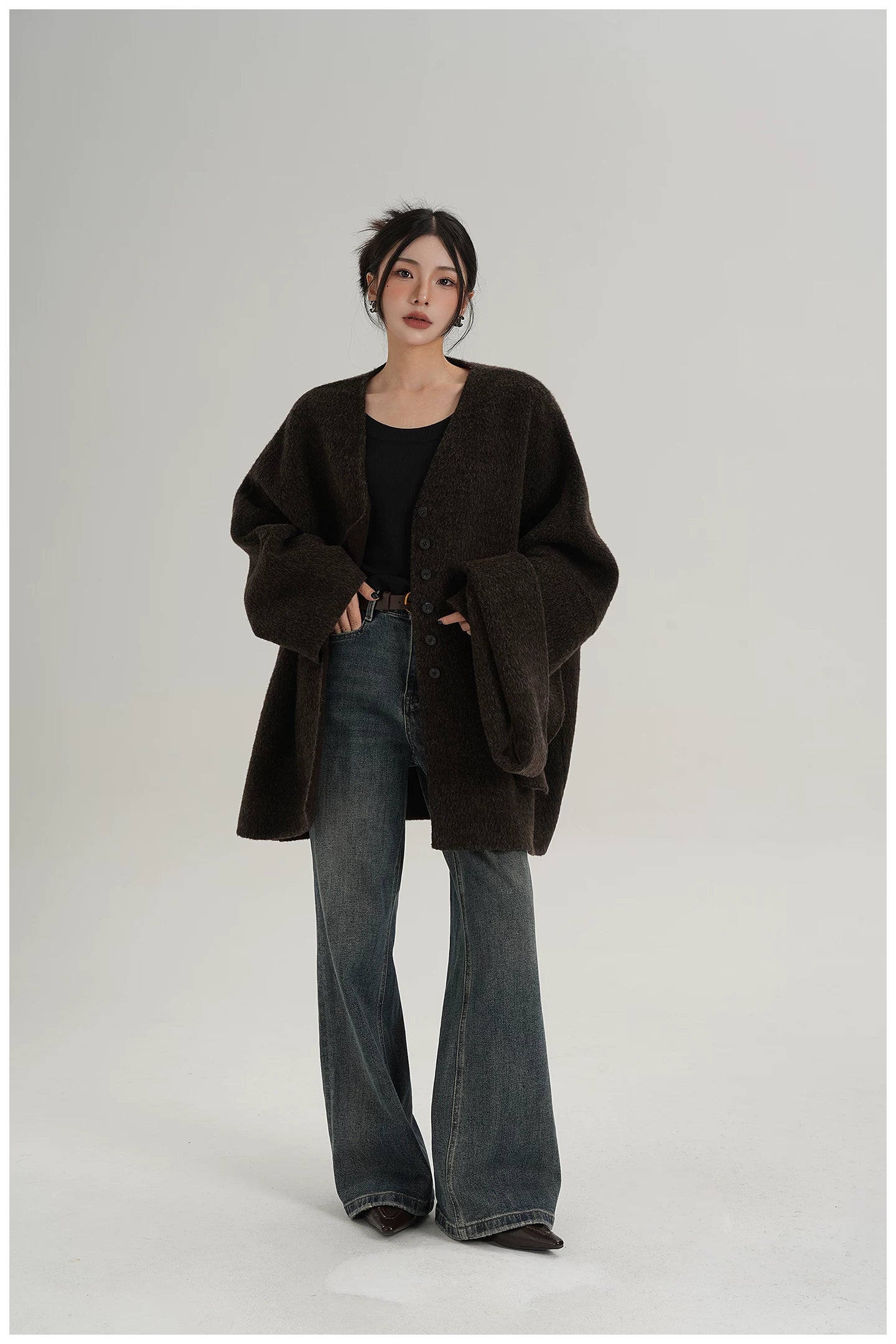 Scarf-Detail Mid-Length Wool Jacket