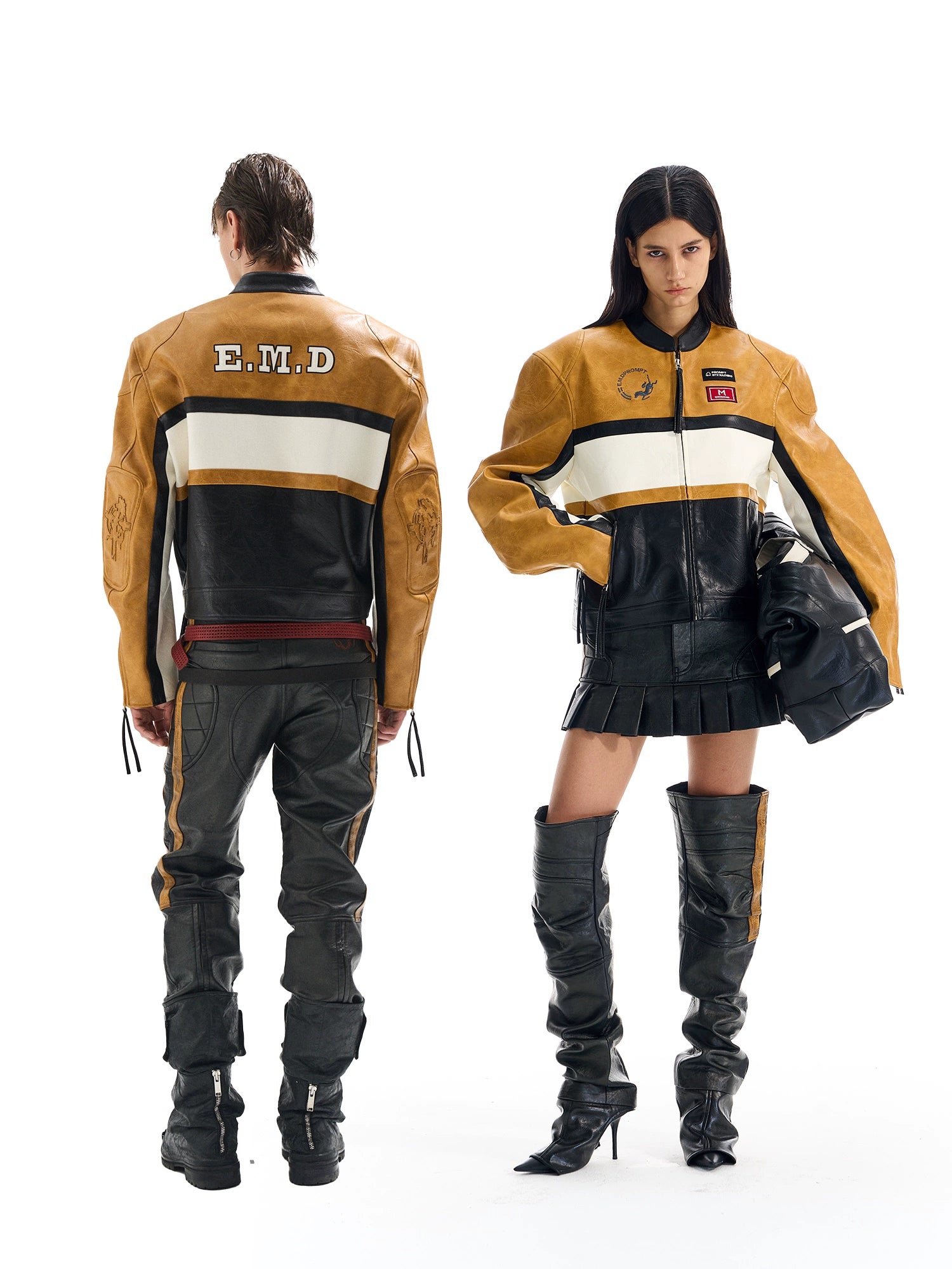 Color-Blocked Cropped Leather Sports Jacket