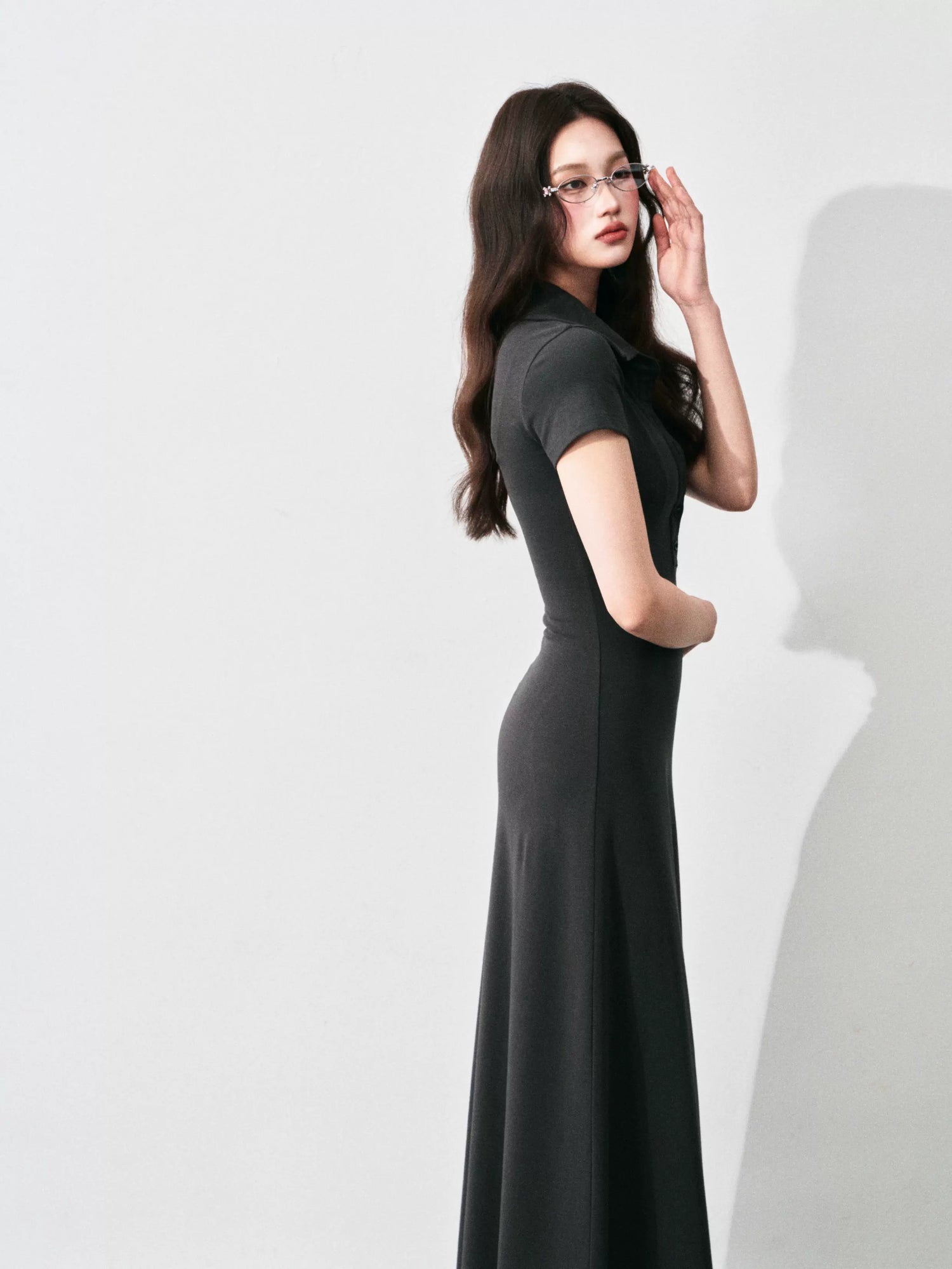 Half-Placket Polo Collar Knit Maxi Dress
