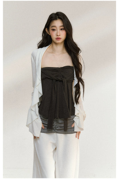 Layered Ruffle-Edge Cardigan &amp; Tube Top Set
