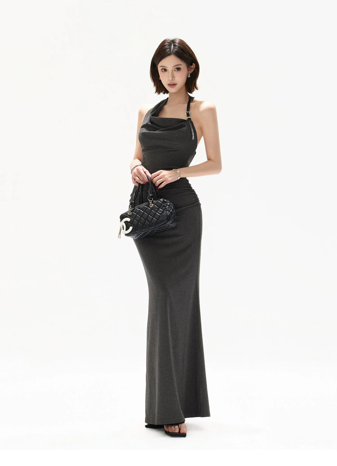 Elegant Draped Halter Knit Maxi Dress
