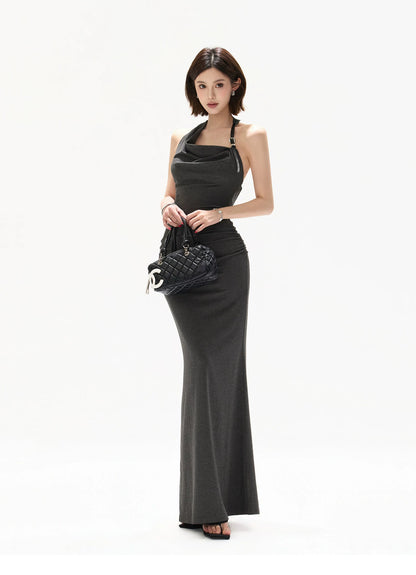 Elegant Draped Halter Knit Maxi Dress