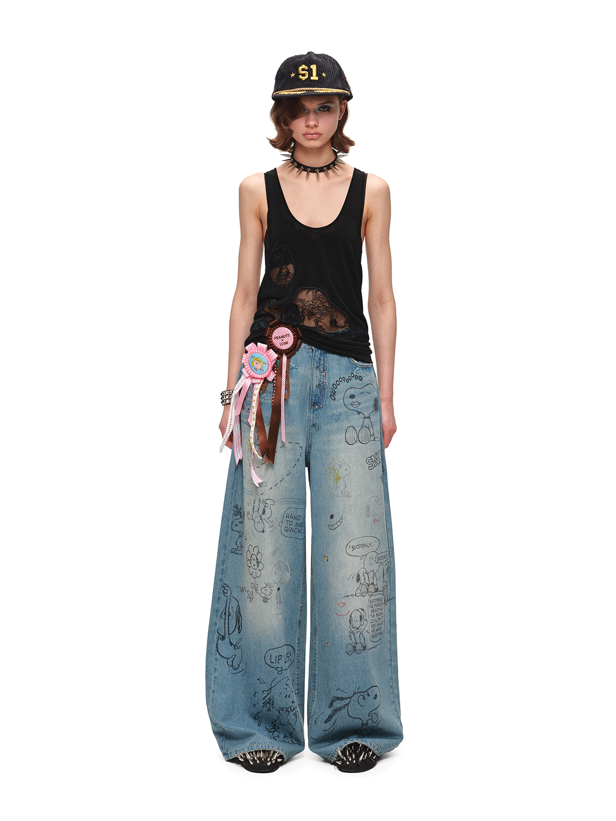 Snoopy Graffiti Crystal-Embellished Washed Denim Jeans