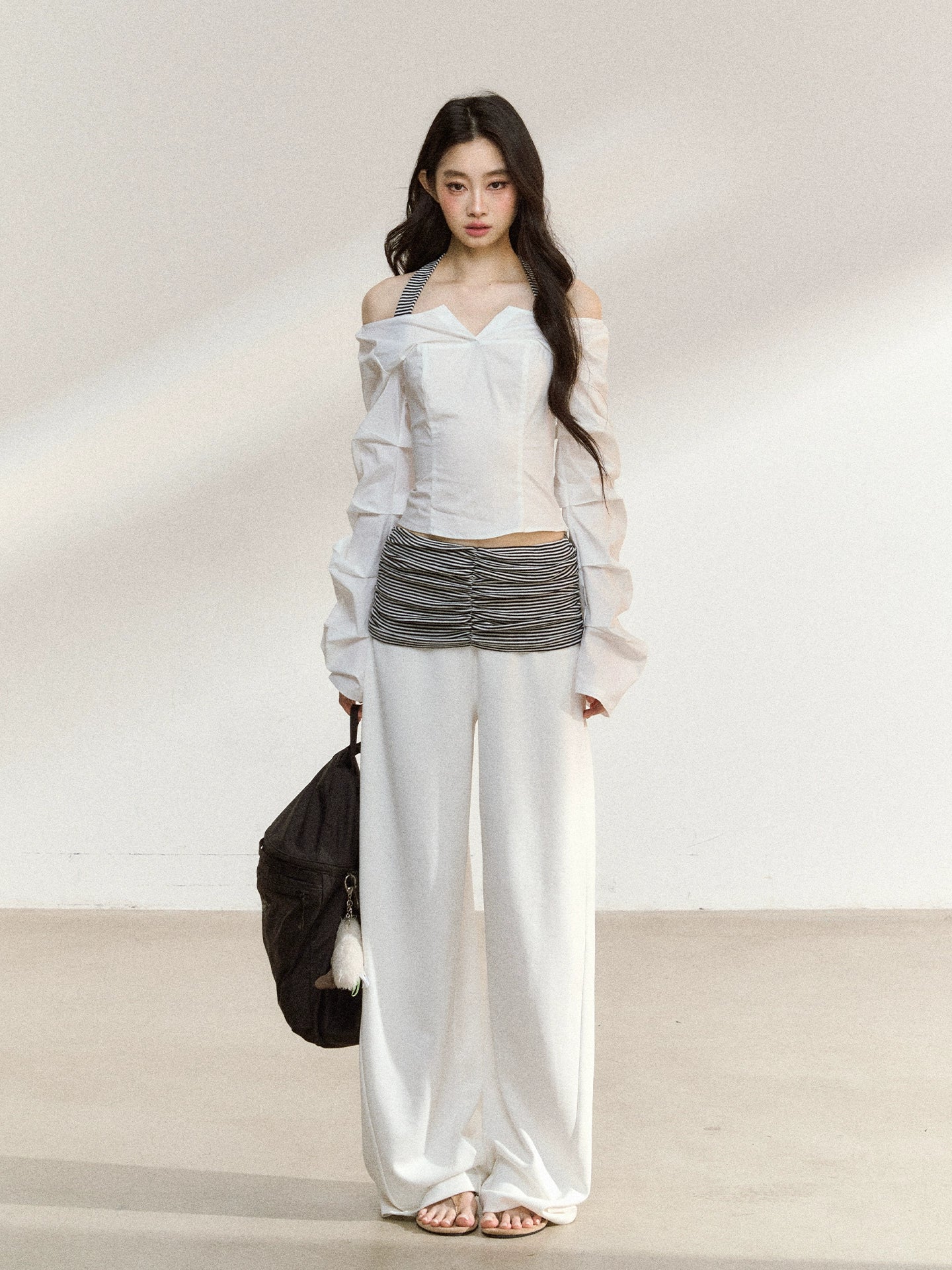White V-Neck Off-Shoulder Cropped Blouse