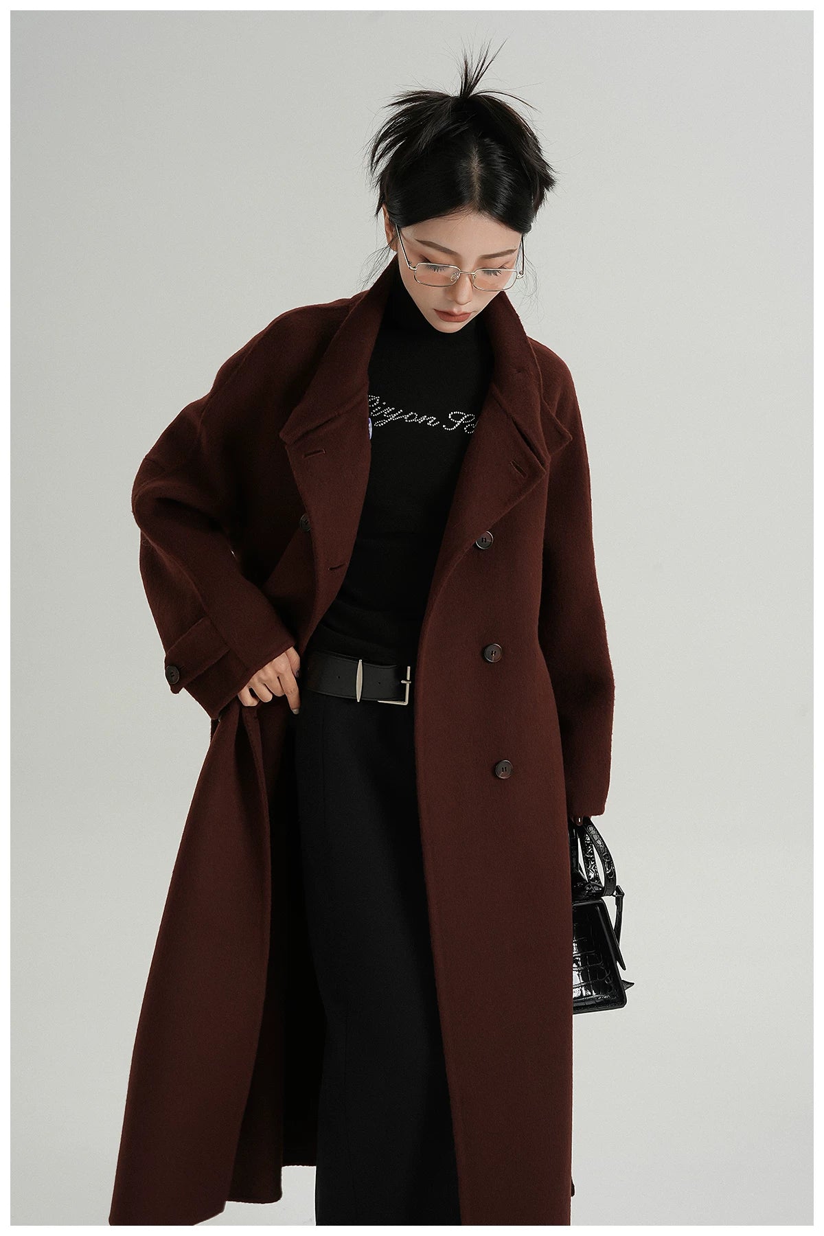 Stand-Collar Long Wool Coat