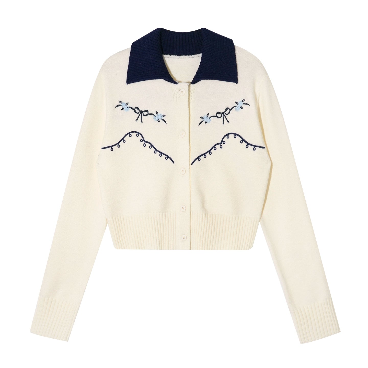 Contrast-Collar Vintage Embroidered Cropped Cardigan