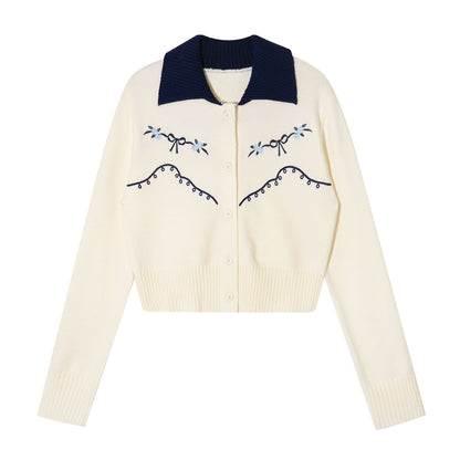 Contrast-Collar Vintage Embroidered Cropped Cardigan