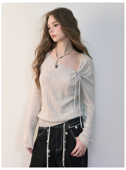 Asymmetrical Tie-Neck Cable Knit Sweater