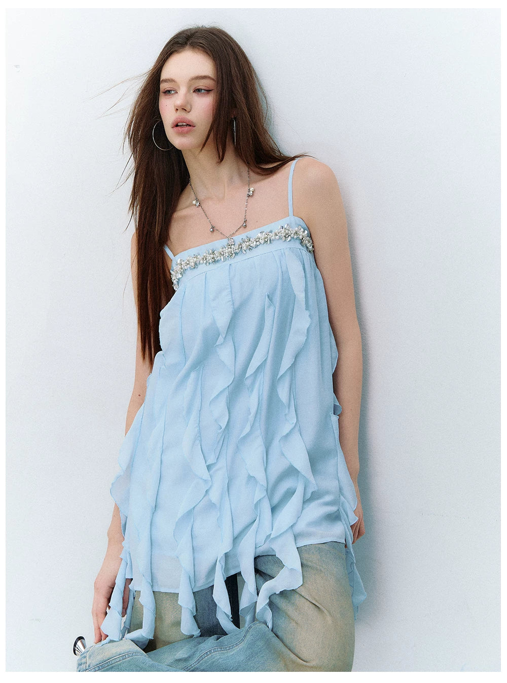 Beaded Trim Flowing Acetate Slip Dress Blue / S