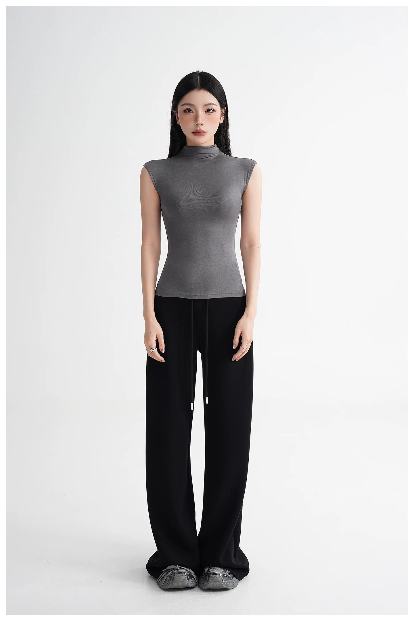 Silk Lyocell High-Neck Sleeveless Fitted T-Shirt