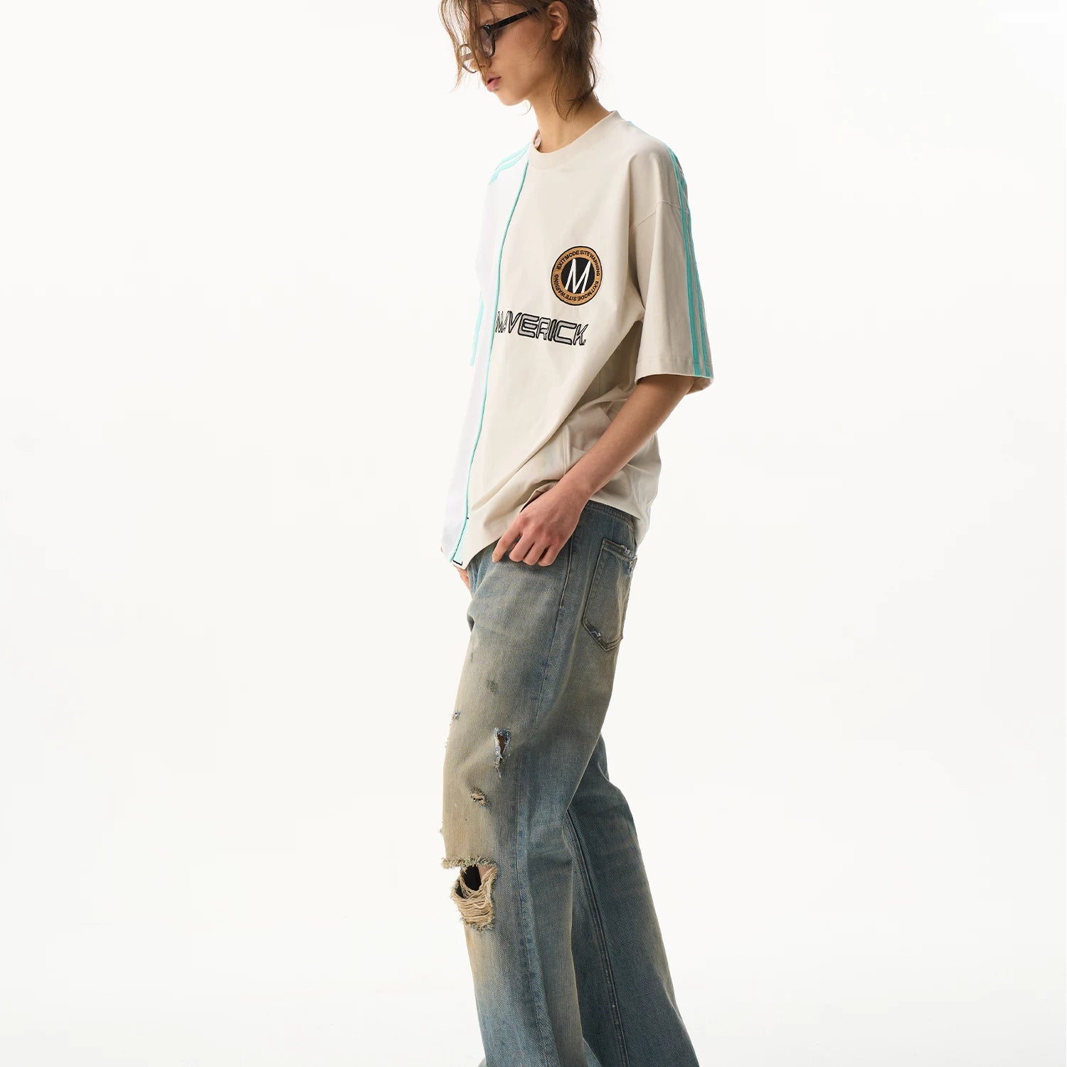 Contrast Panel Tape Embroidered T-Shirt
