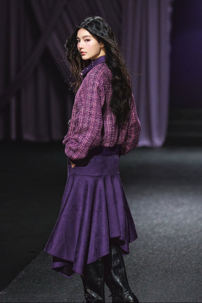Suede Patchwork Tweed Jacket &amp; Asymmetric A-Line Skirt Set