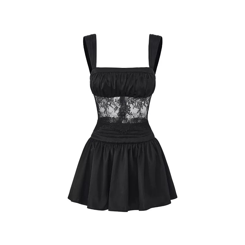 Lace-Trim Satin Sheer-Waist Mini Dress