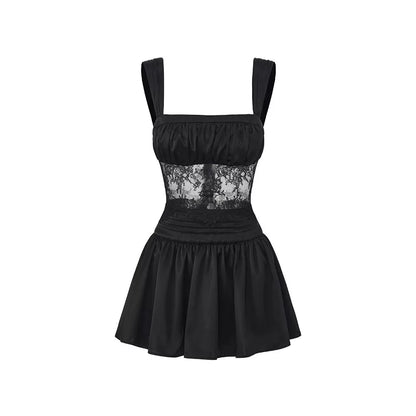 Lace-Trim Satin Sheer-Waist Mini Dress