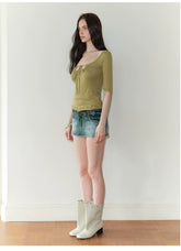 The NeverMore Vintage Embroidered Ruched Scoop-Neck Top NeverMore