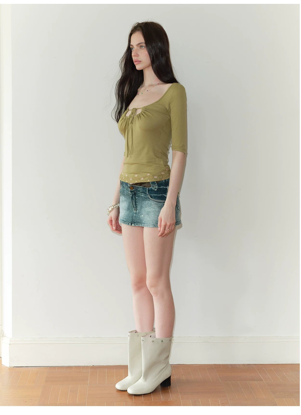 The NeverMore Vintage Embroidered Ruched Scoop-Neck Top NeverMore
