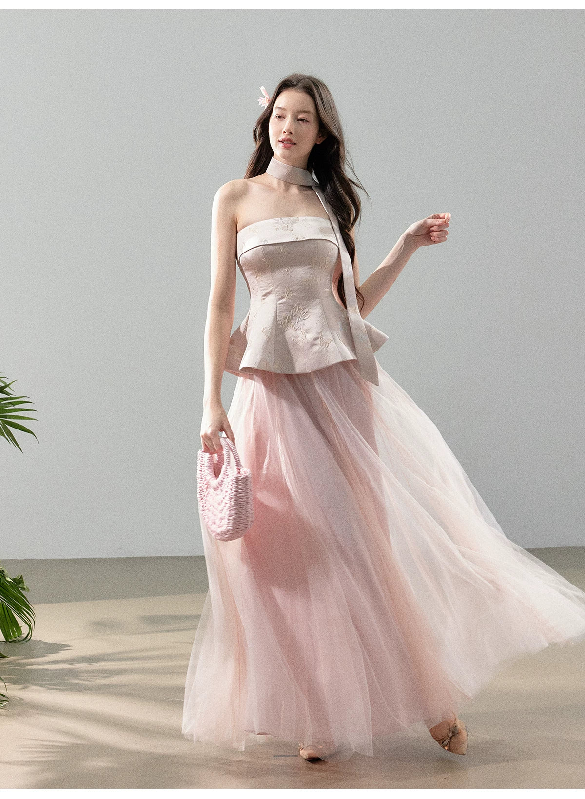 Floral Jacquard Corset Top &amp; Sheer Mesh Skirt Set