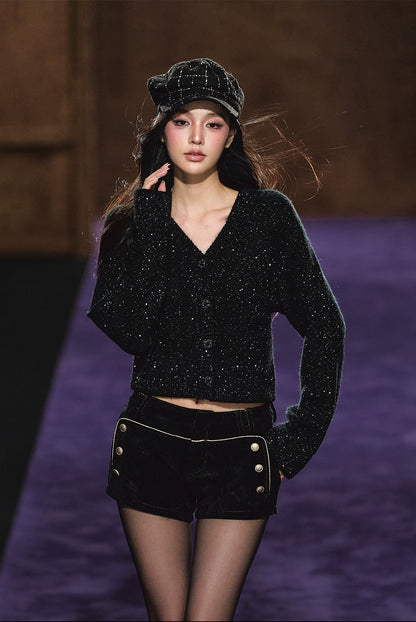 Shimmer V-Neck Sequin Detail Knit Cardigan