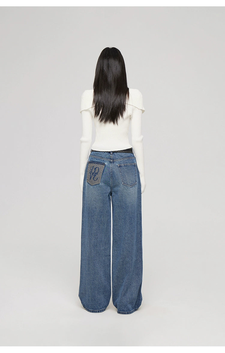 Heart-shaped Pocket Wide Leg Jeans - CHINASQUAD