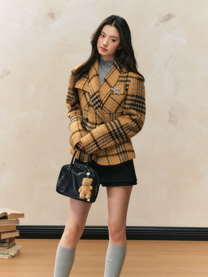 Yellow Plaid Fitted Shoulder-Pad Jacket