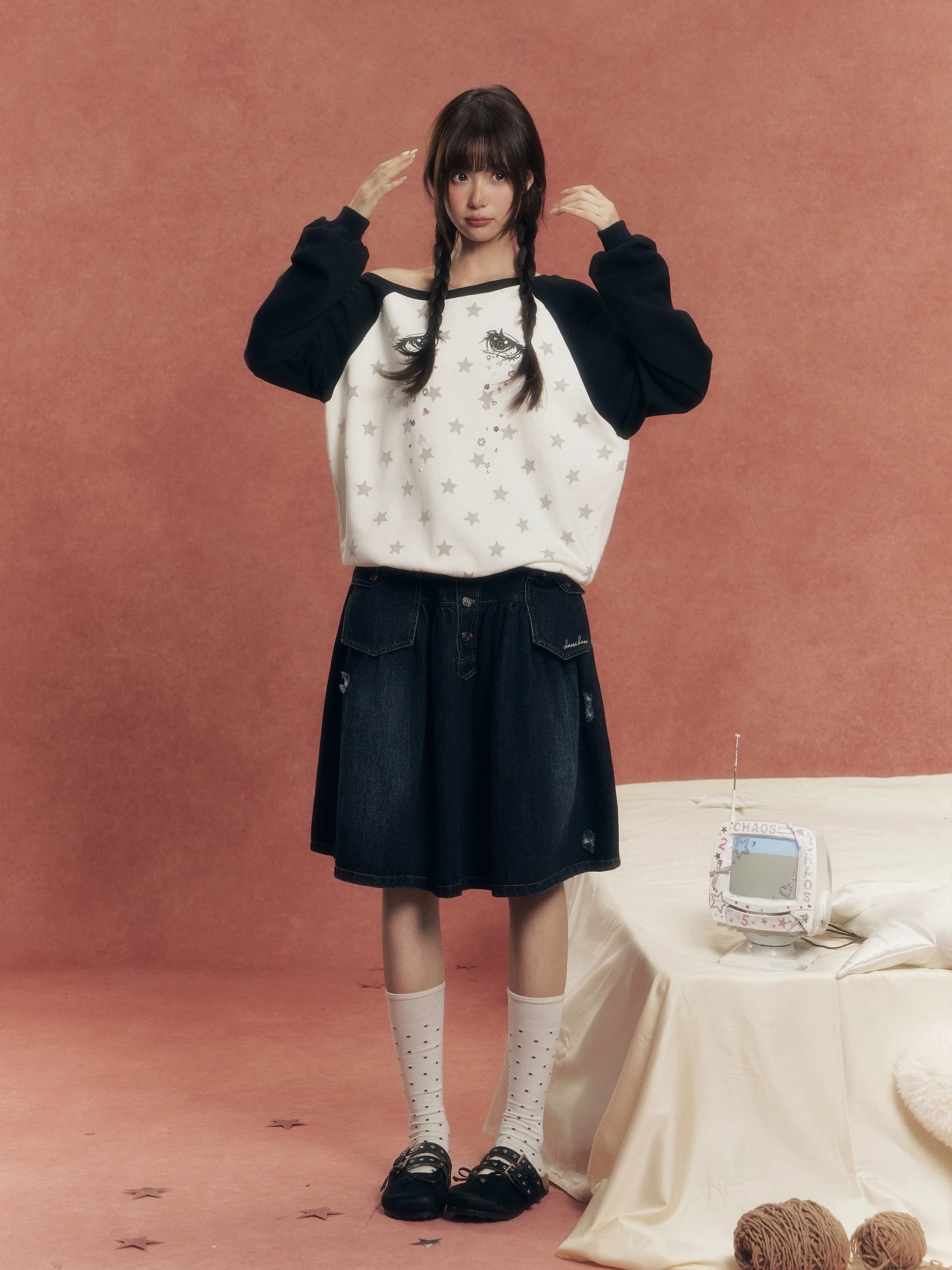 Vintage Washed Denim Utility Midi Skirt