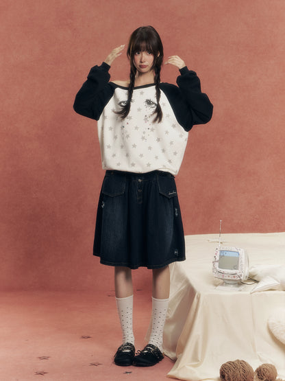 Vintage Washed Denim Utility Midi Skirt