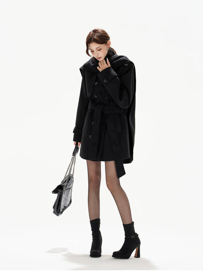 Belted Collar Mid-Length Wool-Feel Jacket