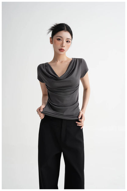 Draped Off-Shoulder Fitted Short Sleeve T-Shirt