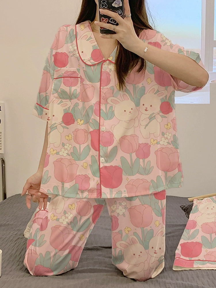 Three-piece Set of Silk Short-sleeved Pajamas