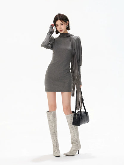 Minimalist Draped Turtleneck Knit Mini Dress with Tassel Ties