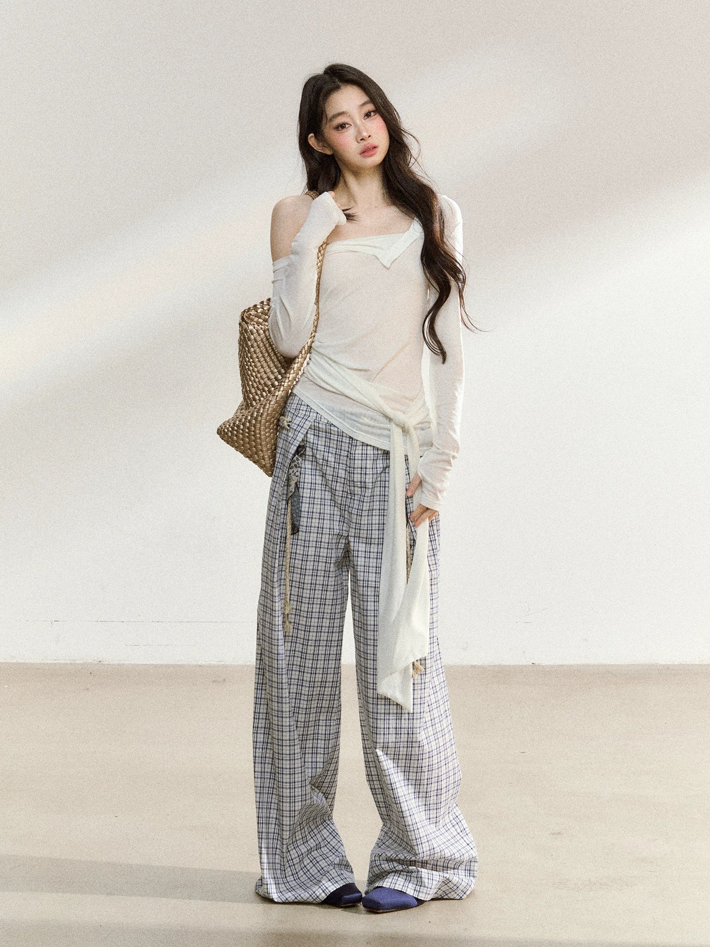 Relaxed Plaid Cotton Wide-Leg Trousers