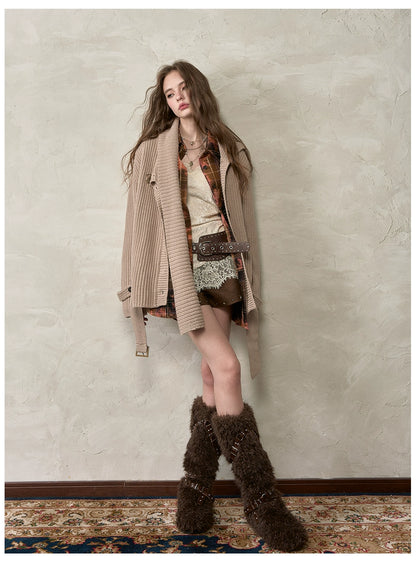 Oversized Turtleneck Cardigan with Attached Scarf