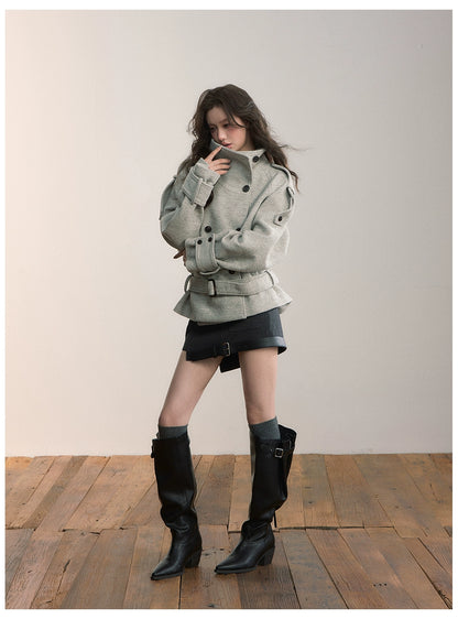 Contrast Double-Breasted Wool-Blend Belted Jacket