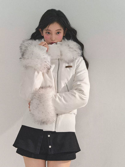 Faux Fur White Duck Down Puffer Jacket