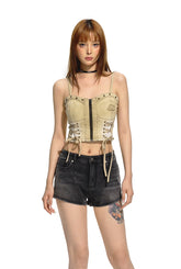 Brown Distressed Wash Denim Halter Top - CHINASQUAD