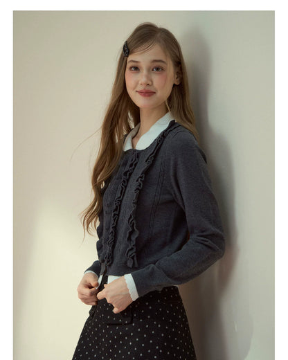 Grey Ruffle Collar Knit Cardigan