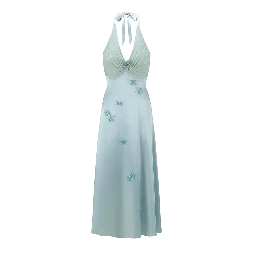 French Resort Halter Blue Floral Satin Dress