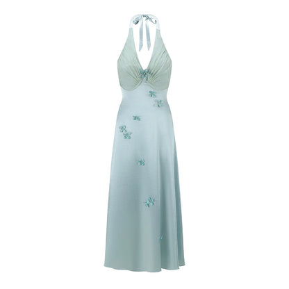 French Resort Halter Blue Floral Satin Dress