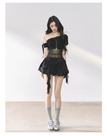 Off-Shoulder Mesh Short-Sleeve T-Shirt