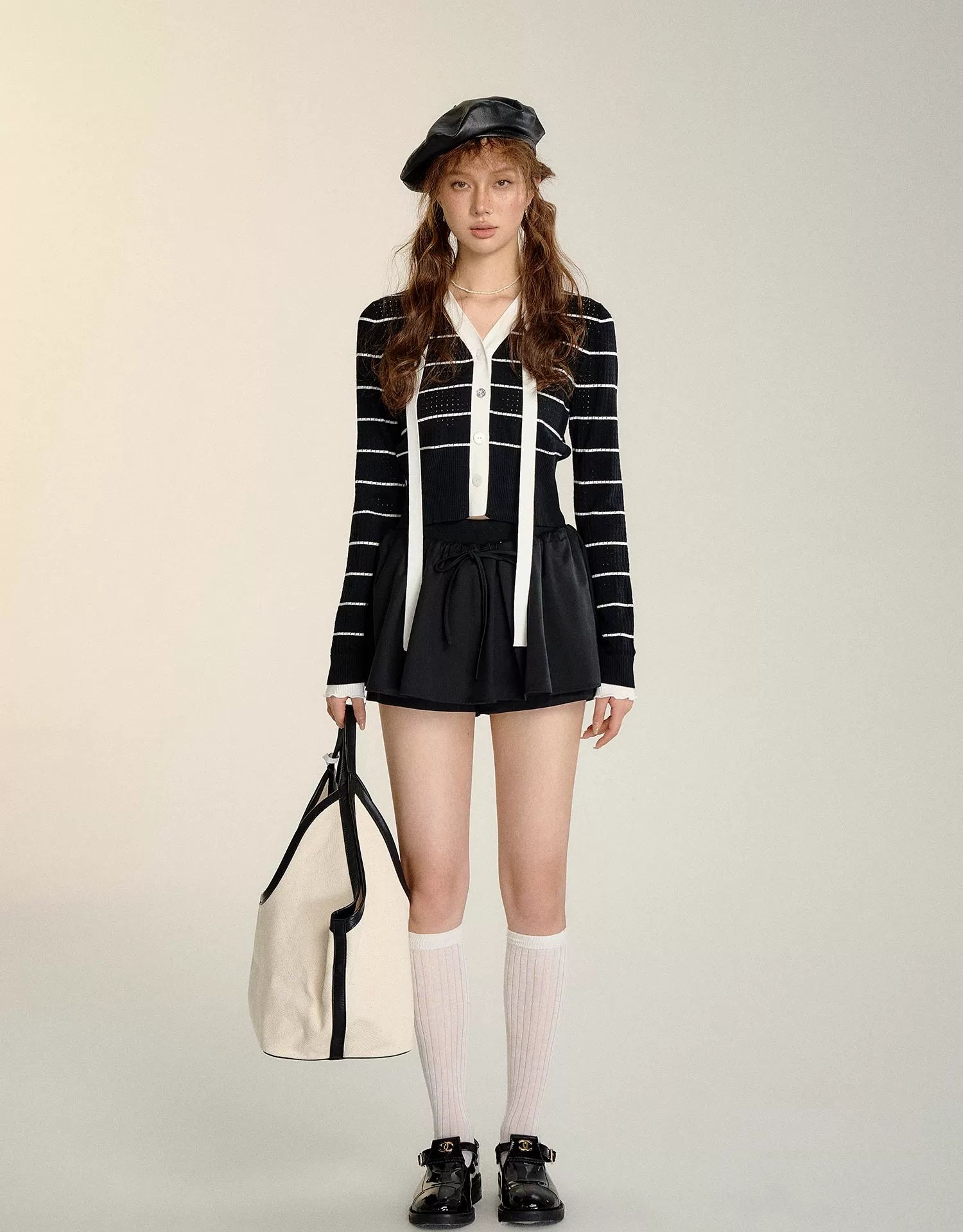 Black &amp; White Striped Ribbon Detail Cardigan